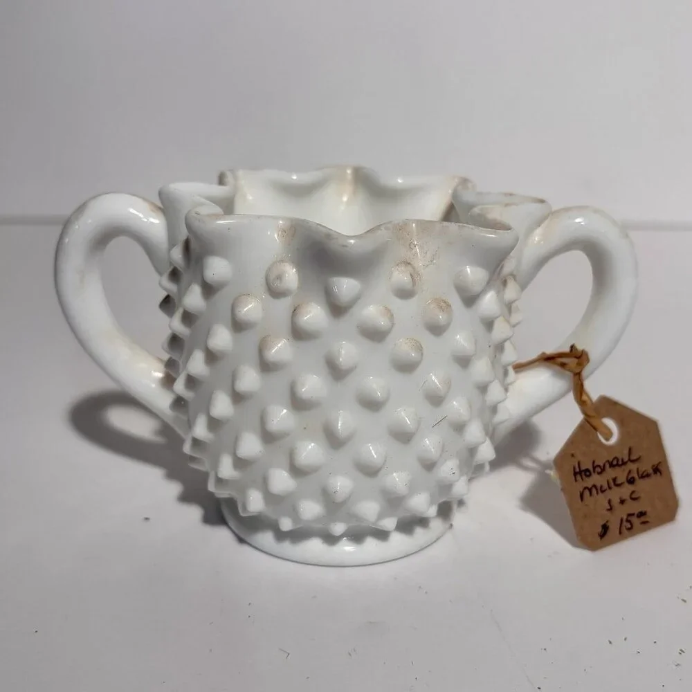 Vintage Old Fenton Milk Glass Hobnail Star Top Sugar and Creamer Set